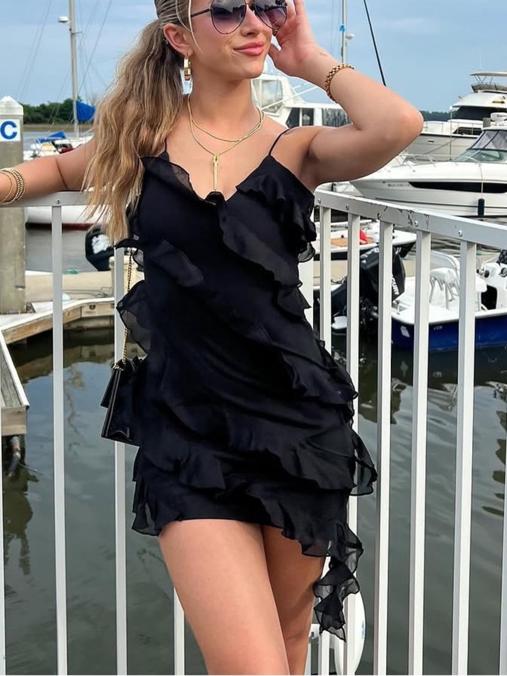 Abercrombie & Fitch Black All-Over Cascading Asymmetrical Ruffle Mini Slip Dress